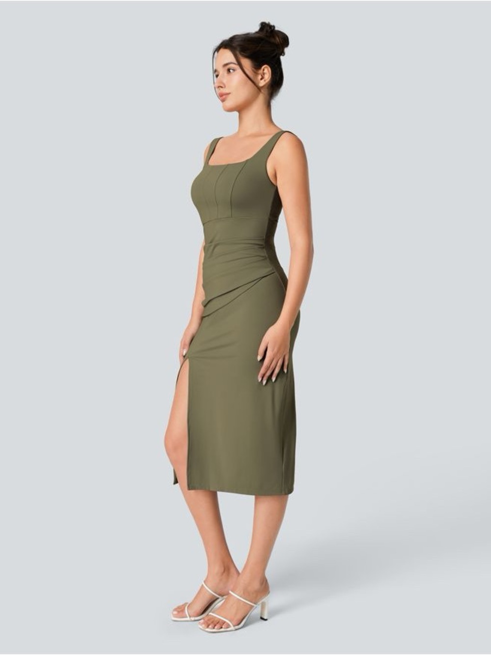 Halara SoftlyZero™ Airy Square Neck Corset Ruched Bodycon Midi dress small nwot - Picture 3 of 5